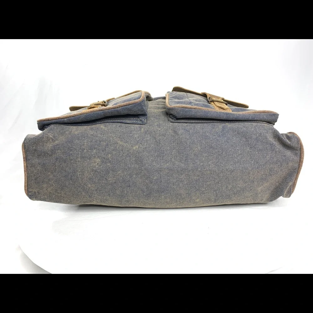 The Barrel Shack Owen Blue Canvas Large Messenger Bag Brown Leather Trim